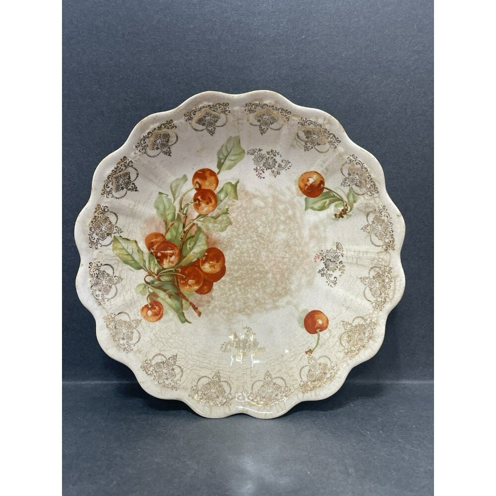Warwick China USA Cherry Design Serving Bowl 10 Inch Antique Stain Crazing Gold
